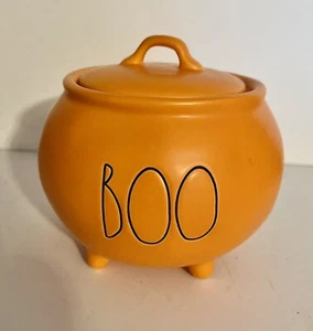 Rae Dunn Cerámica “BOO” Naranja Halloween Caldero Caramelo Tarro y Tapa 4.25” Alto - Imagen 1 de 11