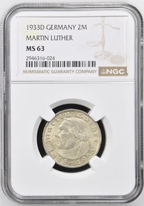 Germany 1933 D 2 Reichsmark, Martin Luther, KM#79 NGC MS63 - Picture 1 of 2