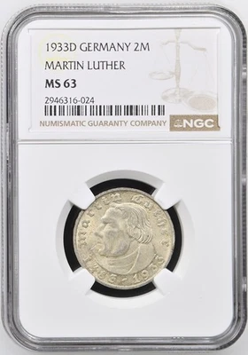 Germany 1933 D 2 Reichsmark, Martin Luther, KM#79 NGC MS63 - Image 1 of 2