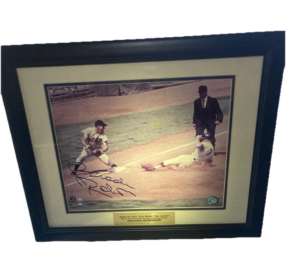 Baltimore Orioles HOF Brooks Robinson Autographed Mickey Mantle Tag 14x11 Framed - Image 1 of 4