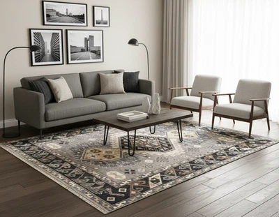 Alfombra de Lana Tribal Gris Negra Anudada a Mano - Diseño Medallón Geométrico Hecho a Mano Foto 1 de 4