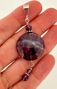 Sterling silver Amethyst Pendant Dangle Stones Round 925 Beaded Stunning - Picture 1 of 10