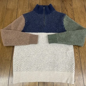 J.Crew Merino Wool Sweater Kids Size Large Color-block Birds Eye Stitch Half Zip - Picture 1 of 9