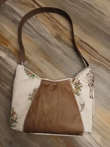 New Western Deer Top handle Shoulder Bag Purse Brown Ivory Crescent Baguette - Picture 1 of 6