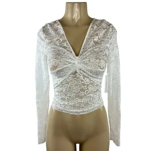 Top Lisa Says Gah Aurelia Talla S Blanco Vainilla Encaje Transparente Manga Larga Cuello en V - Imagen 1 de 12