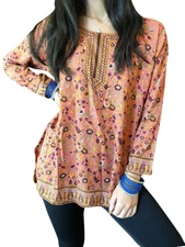 Boho Gypsy Hippy Peach Tunic Blouse Summer Fashion Yoga Comfy Tunic Tops M 