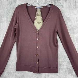 RPS Addict Sweater Medium Cardigan Bird Sheer Mixed Media Preppy Knit Brown - Picture 1 of 9