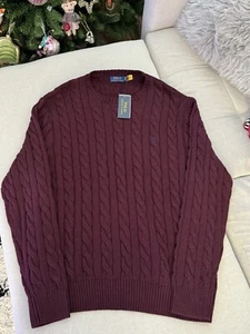 Polo Ralph Lauren Mens Cable Knit Cotton Jumper Wine Purple Size XL Extra Large - Picture 1 of 9