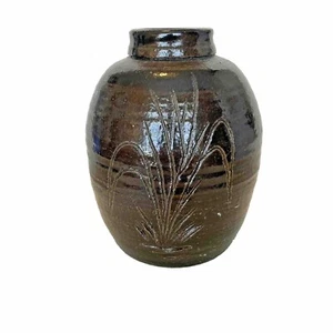 Vintage 70' braune Vase Schilf Salzwasser glasierte Keramik signiert Display Dekor selten - Bild 1 von 9