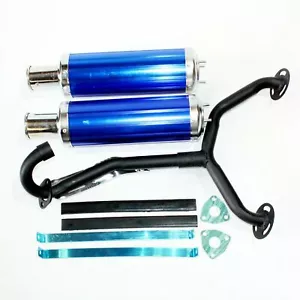 Twin Exhaust Pipe BLUE Alloy Mufflers 250cc Dinosaur Style Quad Dirt Bike ATV - Picture 1 of 10