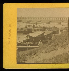 c1880 Stereoview Less Common View Viaduc d’Auteuil, Viaduct, Seine, Boats Paris - Picture 1 of 2