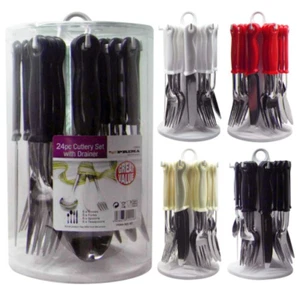 NEW 24 PC STAINLESS STEEL CUTLERY PLASTIC HANDLE SET WITH REVOLVING STAND - Picture 1 of 10
