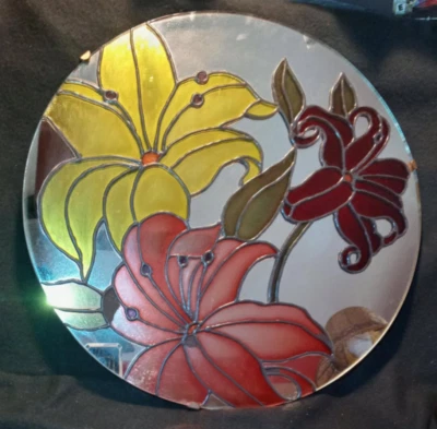 Vtg  Stained Slag Glass Leaded Wall Mirror Floral Lily 17" Round Hanging - Image 1 of 4