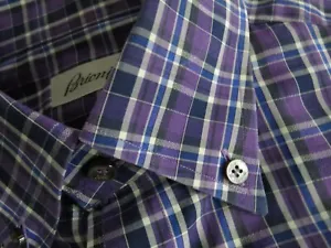 Brioni Italy Purple bold check 100% cotton mother of pearl dress shirt 17 - Picture 1 of 9