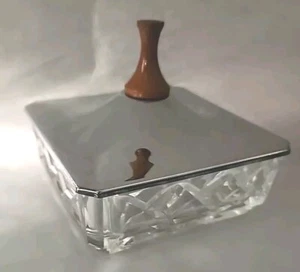 Mid Century Modern Crystal, Chrome And Teak Cut Glass Candy Trinket Dish - Picture 1 of 7