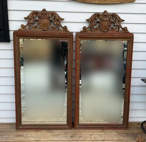 Antique Regency Style Gold Gilt Mirrors With Red Paint W/Crest Tops**BEAUTIFUL** Cover