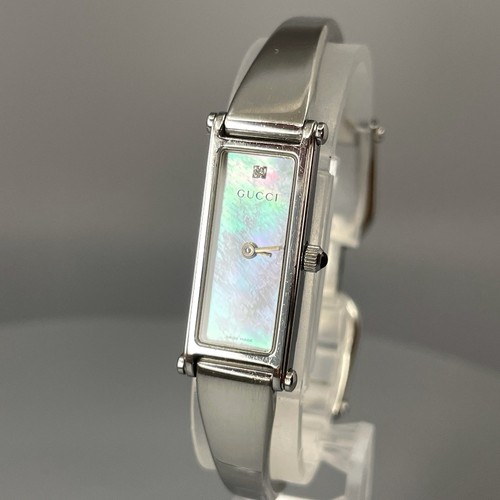 ▶️【Quasi Come Nuovo】GUCCI 1500L Argento Quadrante Bianco Conchiglia 1P Diamante Quarzo Orologio DONNA