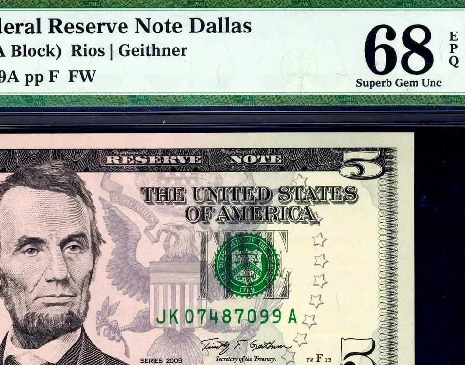 2009 $5 Dallas Federal Reserve Note 1994-K • PMG 68 EPQ • TOP POP 3/0 - Image 1 of 3