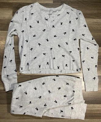 PACSUN Playboy Thermal Waffle Gray Crop Top Pajama Pant Set Sz Small Women’s - Image 1 of 4