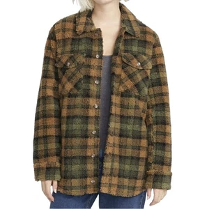 Volcom Silent Sherpa Faux Fur Bronze Plaid Jacket Shacket Size Women Large NWT - Picture 1 of 6