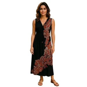 Catherines schwarz Paisley V-Ausschnitt ärmellos gesmokte Taille Maxikleid 0X 14/16W - Bild 1 von 15