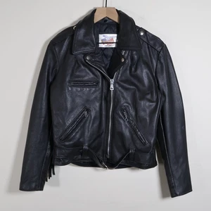Vintage 80s Excelled Black Leather Fringe Biker Jacket Emar Zipper Size Medium - Picture 1 of 23