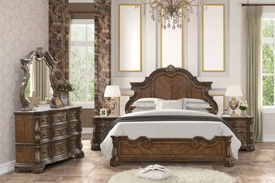 Traditional Dark Brown Bombay Style Queen Size 4pc Panel Bed Set Ornate Molding - Image 1 of 4