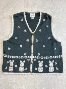 Rabbit Vintage Sweater Vest Christopher Banks Womens Size XL Green Embroidered - Picture 1 of 9