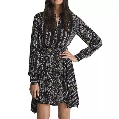 Reiss Lola Black Abstract Print Long Sleeve Fit  Flare Mini Dress Tie Waist US 2 - Image 1 of 4