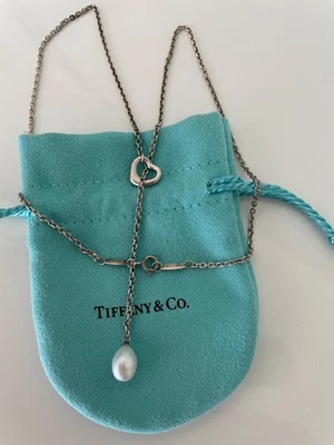 Tiffany & Co Elsa Peretti Open Heart  Pearl Larial Sterling Silver  Necklace 18" - Image 1 of 4