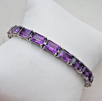 PLATA ESTERLINA 925 FORMA ESMERALDA TAILANDESA 7X5 mm. PULSERA TENIS AMATISTA 7" Foto 1 de 4