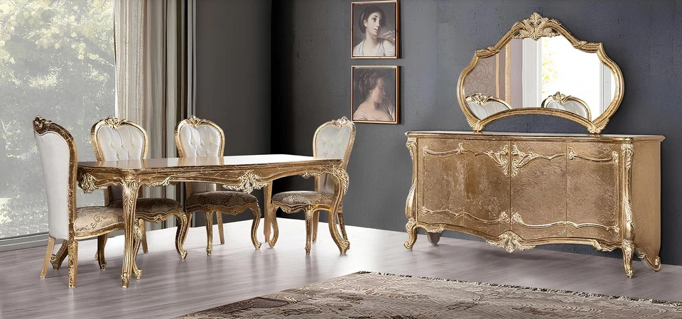 Esszimmer Esstisch Stuhl Gruppe Garnitur Set Holz Tisch Kommode Spiegel Set 7tlg - Bild 1 von 1