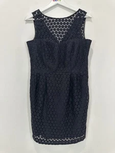 Cue Dress Women 12 Black Lace Polka Dot Lined Knee Length Party - Picture 1 of 12