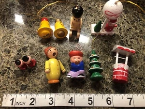 Vintage Wooden Miniature Christmas Ornaments 9 Ornaments. - Picture 1 of 5