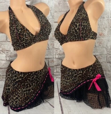 Bikini Betsey Johnson Vintage 2 Piezas y Falda Leopardo Animal Malla Encaje Pinup S Foto 1 de 4