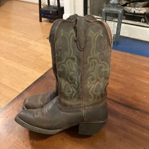 Stivali da cowboy western Justin in pelle marrone con ricami color verde acqua da donna taglia 9 - Foto 1 di 10