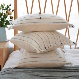 Boho Throw Pillow Covers 18x18 with Hand-Finished Tuft | White,Yellow,Navy Blue - Picture 1 of 7