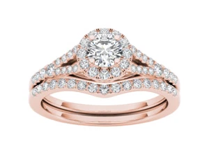 10k Rose Gold 3/4 ctw Round Diamond Halo Engagement Ring Size 7 Bridal Band Set - Picture 1 of 4