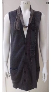 ROBERT RODRIGUEZ MAGLIONE CANOTTA 100% CASHMERE DECORO PERLINE SCOLLO A V GRIGIO M - Foto 1 di 6