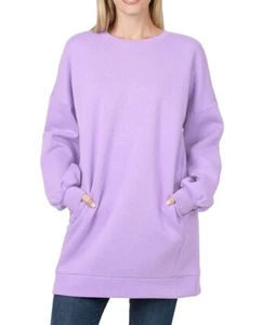 Zenana Sweatshirt Crew Neck Long Line Tunic Oversized Pockets Lavender S M - Picture 1 of 2