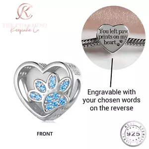Dog / Cat Blue Paw Charm Genuine 925 Sterling Silver - Engraved / Personalised - Picture 1 of 6