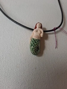 Small Red Headed Pale Skin Mermaid on leather necklace with clasp - Picture 1 of 12
