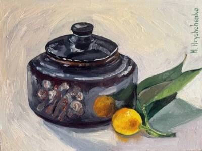 Pintura al óleo original bodegón jarrón de cerámica vintage y cítricos Foto 1 de 4