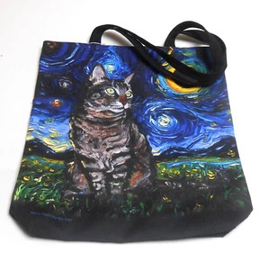 Starry Night Canvas Tote Shopping Bag Tabby Night Artwork by Aja Trier - Picture 1 of 7