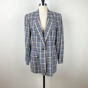 Vintage 90er Damen 14 Lands End blau grau kariert Blazer Leinen Baumwolle Boyfriend Karriere - Bild 1 von 8
