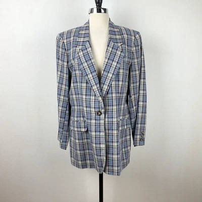 Blazer De Colección Años 90 Para Mujer 14 Lands End Azul Gris A Cuadros Lino Algodón Novio Carrera Foto 1 de 4