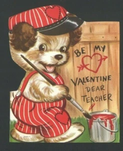 Vintage Valentine Card Dog Red White Striped Overalls Hat Painting Note on FENCE - Picture 1 of 2