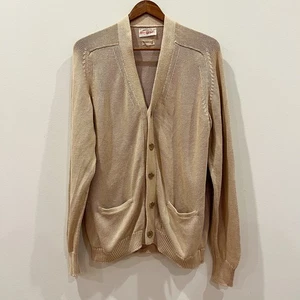 Vintage 70er Alan Paine Cardigan Herren 42 Beige Baumwollstrick Knopf Vordertaschen - Bild 1 von 12