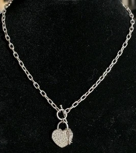 Sterling Silber 925 weiße Diamanten Herz Halskette Knebelkette 18 Zoll Schlüsselanhänger - Bild 1 von 24