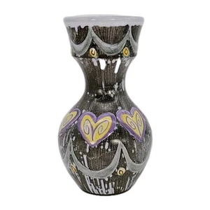 Vtg Laholm Sweden Brown White Pottery Vase Purple Hearts 7.5" tall MCM - Picture 1 of 11